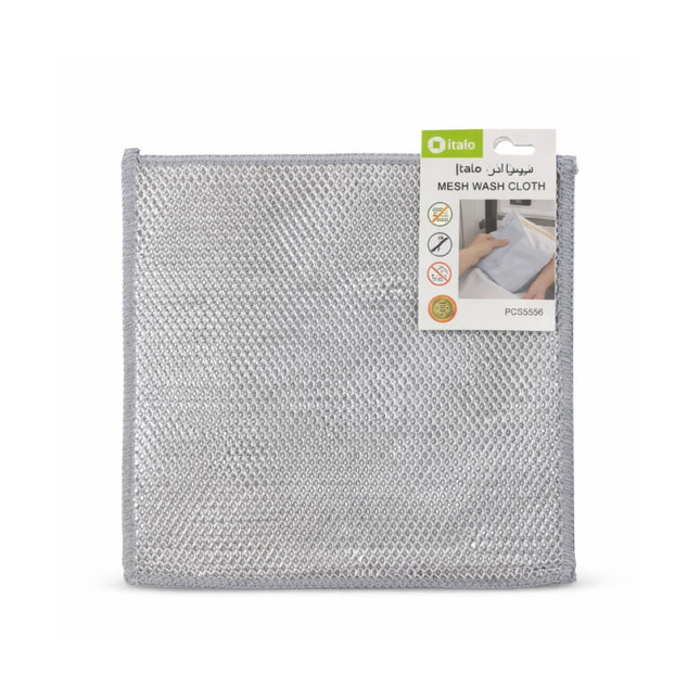 Mesh wash cloth with packaging on a white background