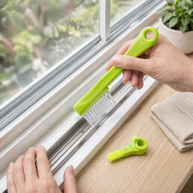 Person cleaning a window with a green brush tool on a wooden surface.