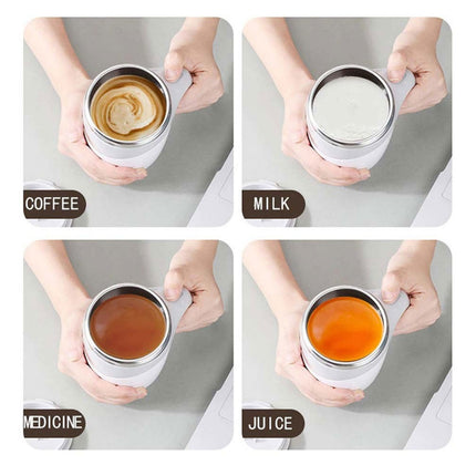 Four panels showing a person holding a stainless steel mug with different liquids labeled.
