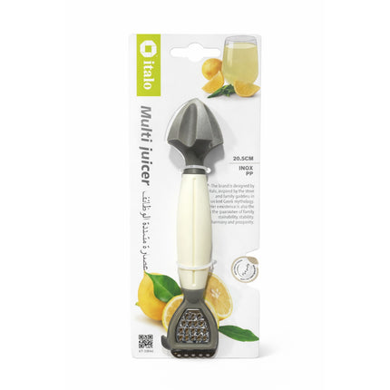Multi juicer with packaging featuring lemons and a glass of juice on a white background