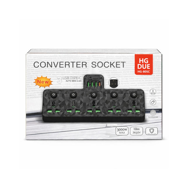 Boxed converter socket with USB-C ports on a white background