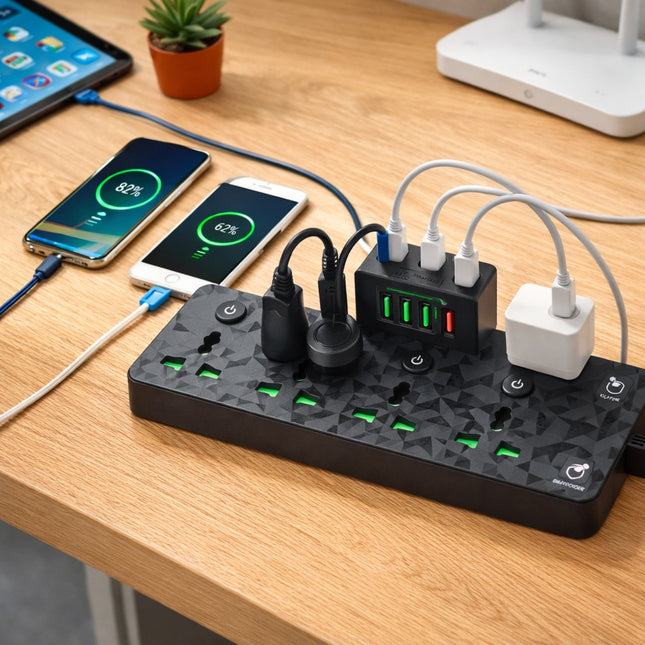 Multiple devices charging from a power strip on a wooden desk