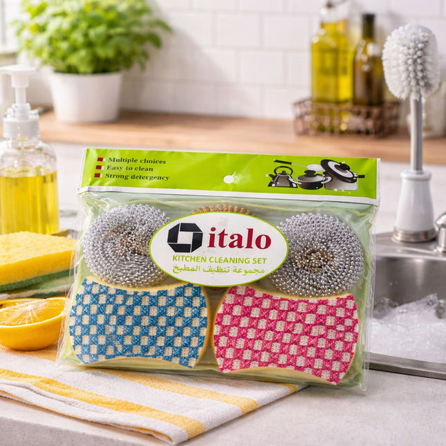 Italo kitchen cleaning set packaging on a kitchen counter with cleaning products in the background.