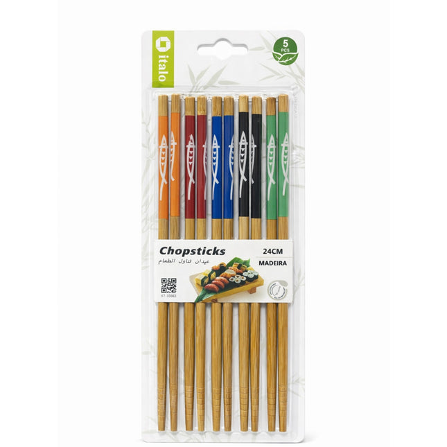 Pack of colorful chopsticks with branding on a white background