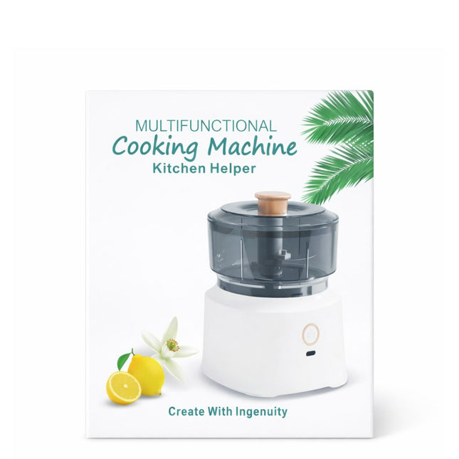 Multifunctional cooking machine packaging with lemon and flower graphics on a white background
