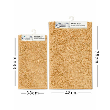 Beige room mat with dimensions labeled on a white background
