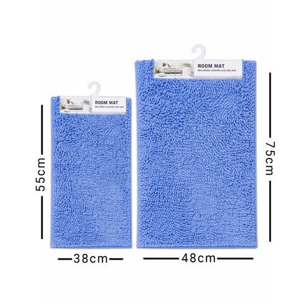 Two blue room mats with dimensions labeled on a white background