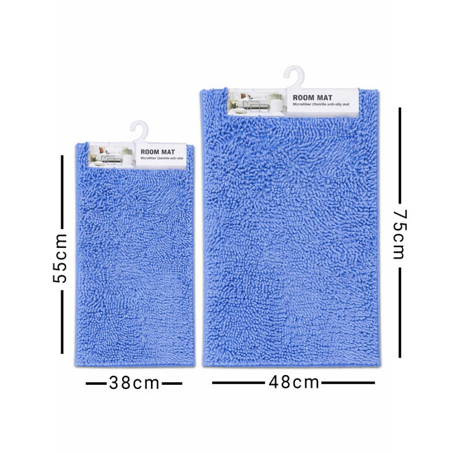 Two blue room mats with dimensions labeled on a white background