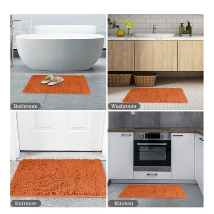 Orange bath mat shown in various locations including a bathroom, washroom, entrance, and kitchen.