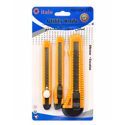 Packaged utility knife with orange blades on a white background