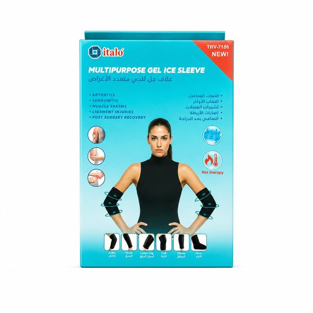 A box of Itoio Multipurpose Gel Ice Sleeve on a plain white background. The packaging is predominantly light blue with a red 'NEW!' tab in the top right corner, featuring a photo of a woman wearing black compression sleeves on her arms and legs.