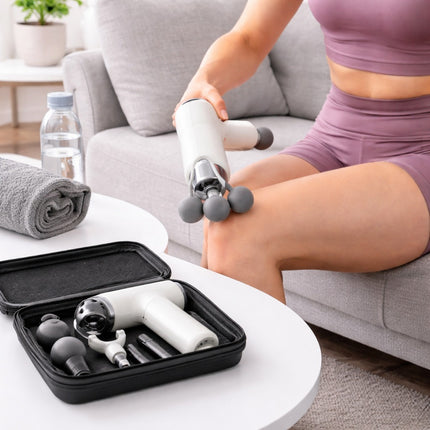 Person using a massage gun on their leg with a black carrying case open in front