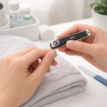 Person using a nail clipper with 'Italo' branding on a white surface.