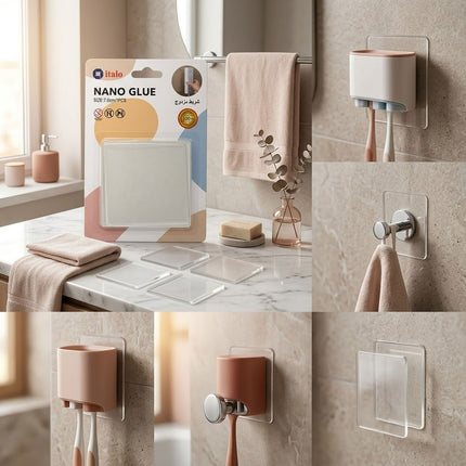 Collage of bathroom scenes with italo Nano Glue product packaging and adhesive hooks.