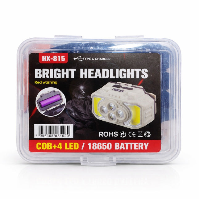 Bright headlights packaging with COB+4 LED and 18650 battery specifications on a white background