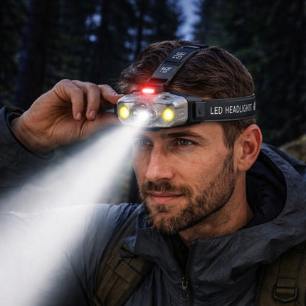 Man wearing a headlamp in a forest setting