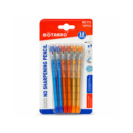 Pack of Motarro no-sharpening pencils with colorful leads on a white background