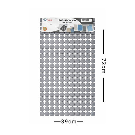 Gray bathroom mat with packaging on a white background, showing dimensions.