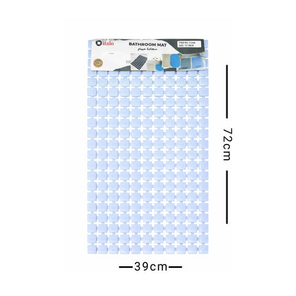 Bathroom mat packaging with dimensions on a white background