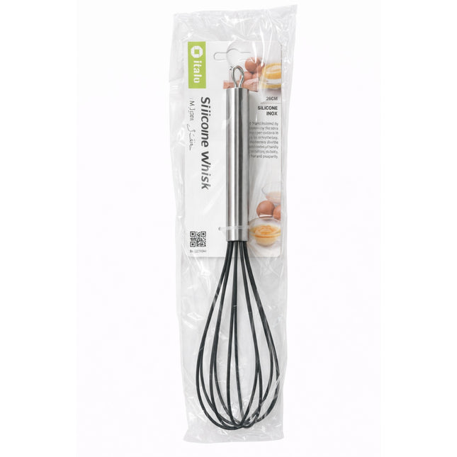 Silicone whisk in packaging with brand label on a white background