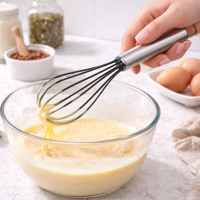 Person whisking eggs in a glass bowl with a whisk on a kitchen counter.