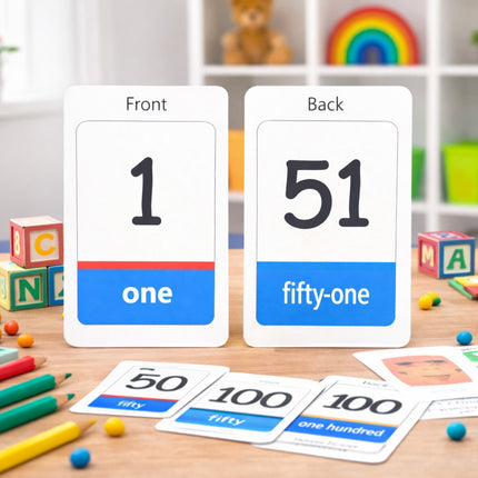 Educational number cards showing front and back sides with numbers and words on a table with toys in the background.