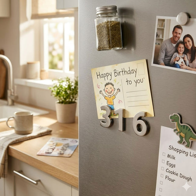 Fridge with magnets, photos, and notes in a kitchen setting