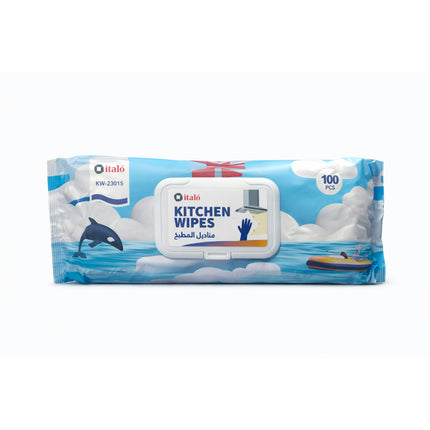 Pack of kitchen wipes with a dolphin and boat illustration on a white background