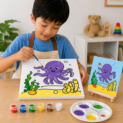 Child painting an octopus with art supplies on a table