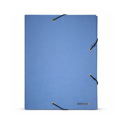 Blue notebook with black string closure on a white background