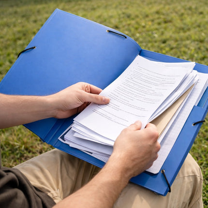 Person holding a blue folder with papers against a grassy background