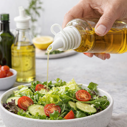Person pouring olive oil over a salad with bottles of oil and lemon in the background.