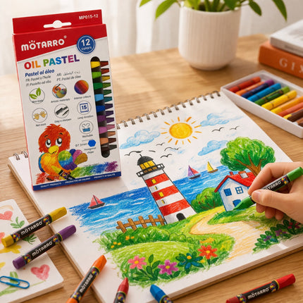 Coloring book with a lighthouse drawing, Motarro oil pastels, and packaging on a table.