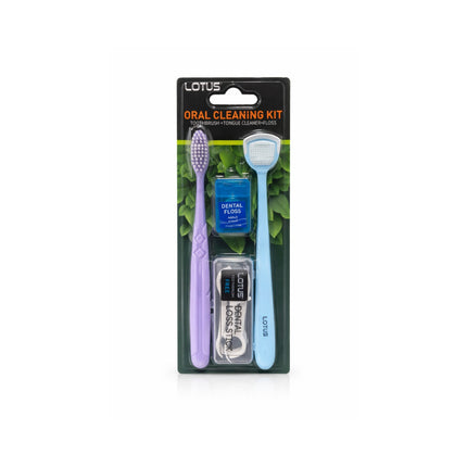 Lotus oral cleaning kit with toothbrush, floss, and mouthwash on a white background