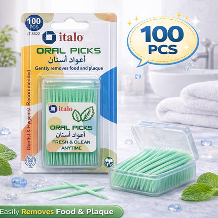 Italo oral picks packaging with a clear container of picks on a bathroom background