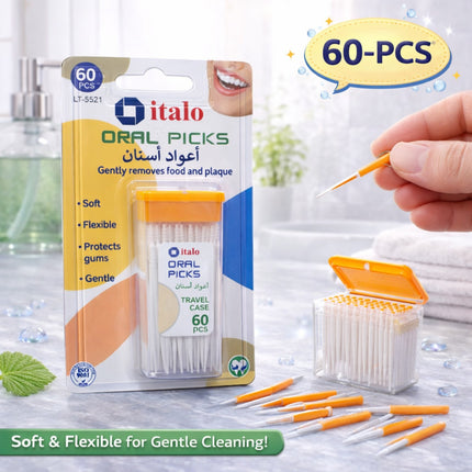 Italo oral picks packaging with 60-count display and a hand using an oral pick.