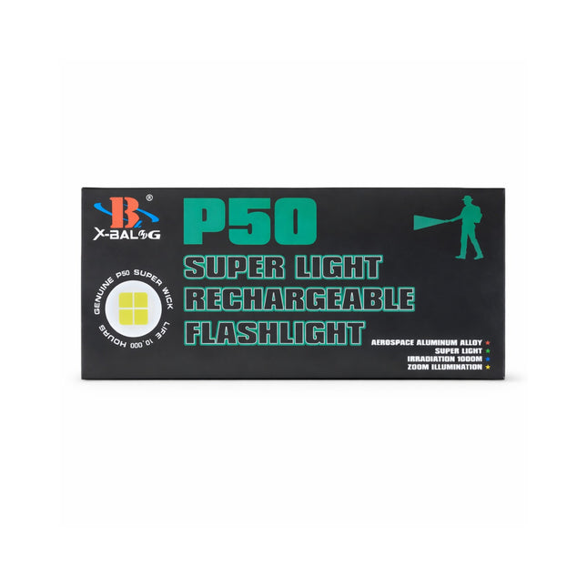 Box of P50 super light rechargeable flashlight with branding on a white background