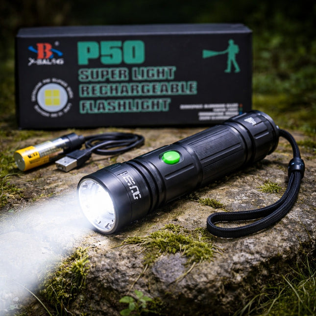 Rechargeable flashlight with packaging on a stone surface