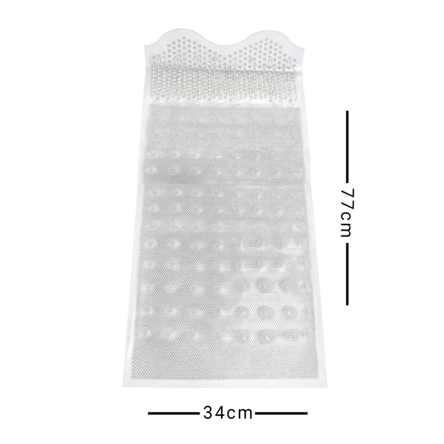 White mesh pouch with measurements on a white background