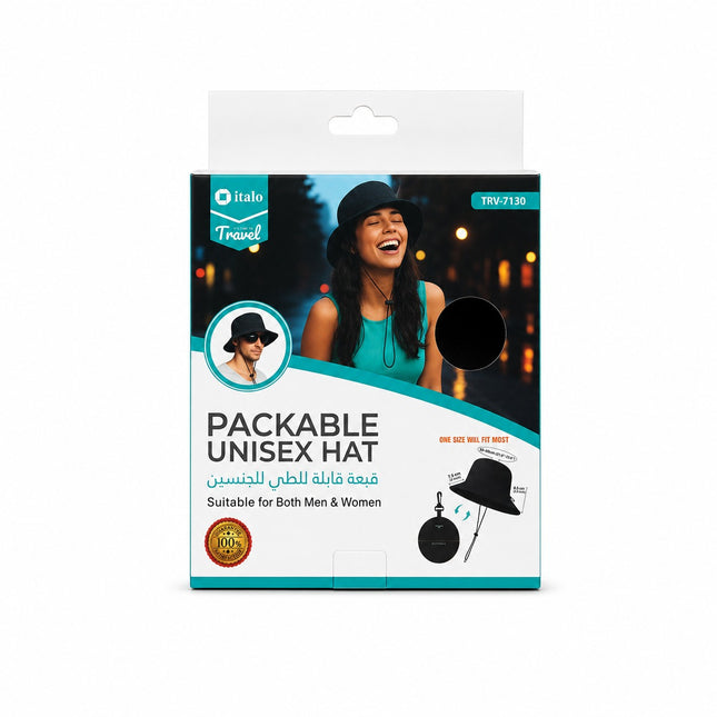 Packable unisex hat by Italo Travel in its retail packaging, featuring a black bucket-style hat with a black plastic zipper closure, shown on a clean white background.