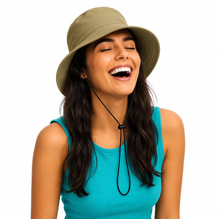 A woman with long dark hair wearing an olive green bucket hat with a black chin strap and a turquoise tank top, smiling with her eyes closed against a solid white background.
