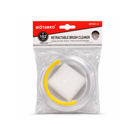 Motarro retractable brush cleaner in clear packaging with red label on a white background