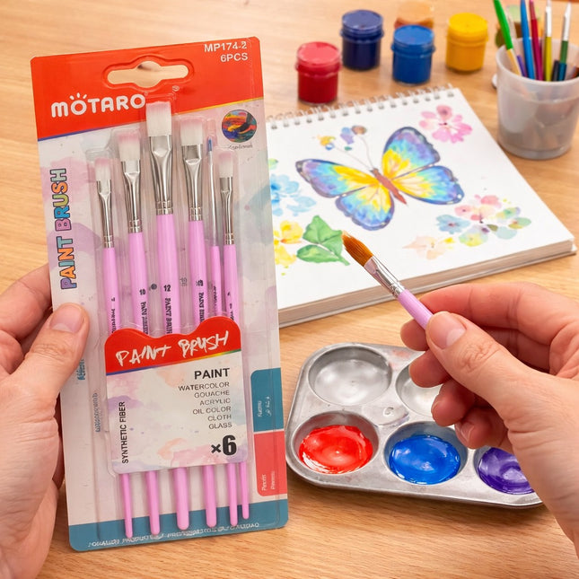 Motaro paintbrush set with a hand holding a brush, paint tray, and coloring book with a butterfly illustration.