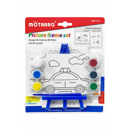 Motarro picture frame set packaging with car design and color samples on a white background