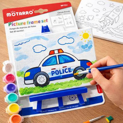Motarro picture frame set with a child coloring a police car on a wooden surface.