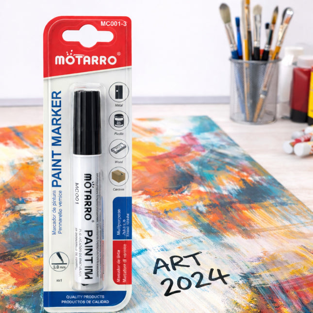Motarro paint marker with packaging on a colorful art background