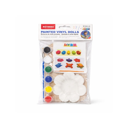 Packaged painted vinyl dolls with color swatches on a white background