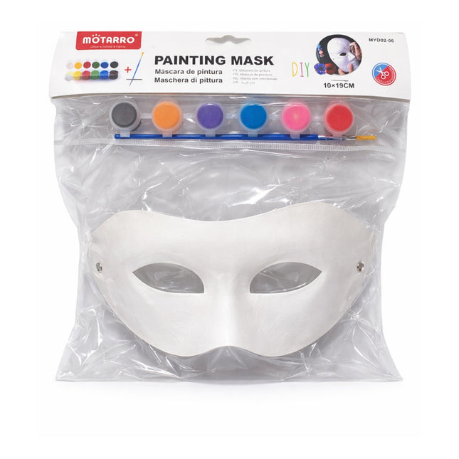 White painting mask with paint containers and Motarro branding on packaging