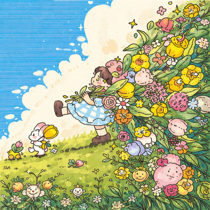 Illustration of a girl in a garden with flowers and animals