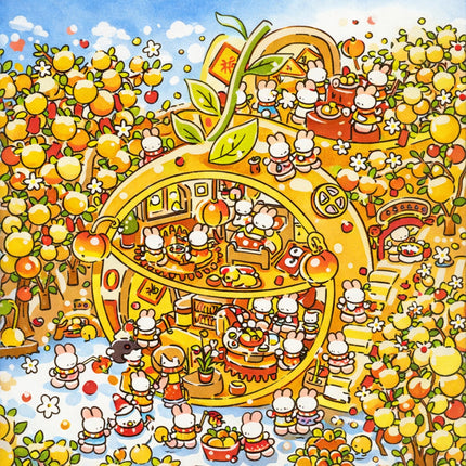 Colorful illustration of a circular village with animals and丰收 symbols, surrounded by fruit trees.